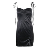 Square collar lace satin split dress