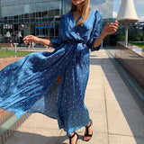 V-neck high waist lace up split holiday long dress