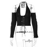 Long-sleeved T-shirt with Halterneck Tie On Chest