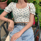 Summer Printed Puff Sleeve Lace Cardigan T-shirt