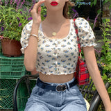 Summer Printed Puff Sleeve Lace Cardigan T-shirt