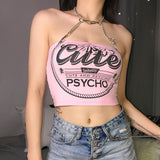 Printed Navel Sexy Sling Chain Halter Neck Wrap Vest
