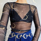 Ins Wind See-Through Mesh Sun And Moon Print Long-Sleeved T-Shirt