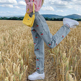 Cherry Embroidered High Waist Mom Jeans