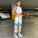 High Waist Straight Print Slim Street Pants
