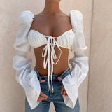 Sexy Trumpet Sleeve Lace-up Folds Top