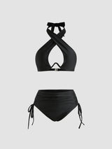 Ensemble bikini uni dos nu à col halter croisé taille haute