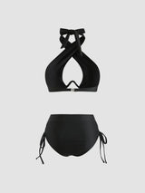 Ensemble bikini uni dos nu à col halter croisé taille haute