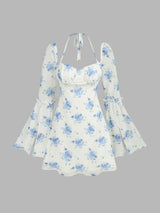 Robe courte à manches évasées florale nouée