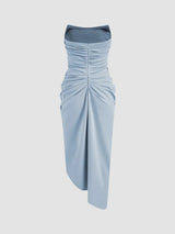 Robe Midi Asymétrique Unie Froncée Coupe Slim