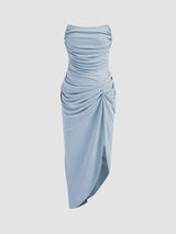 Robe Midi Asymétrique Unie Froncée Coupe Slim
