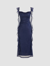 Robe Longue Scintillante à Col Bénitier et Volants