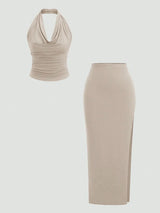 Ensemble top dos nu & jupe fendue longue
