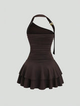 Robe mini évasée marron à encolure licou