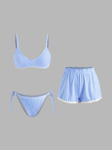 Ensemble bikini dentelle rayée à col V avec short de plage et bretelles réglables