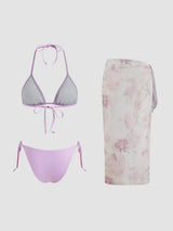 Ensemble bikini triangle noué col halter avec sarong floral assorti