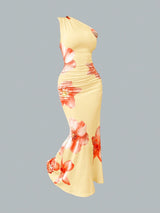 Robe longue moulante à col asymétrique imprimé lys