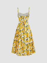 Robe Midi Cami en Coton Plissée Imprimé Citron à Lacets