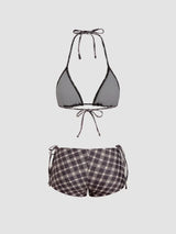 Ensemble bikini triangle à col halter vichy avec short et écharpe
