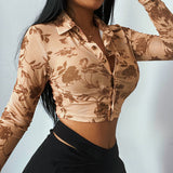 Printed Sexy See-through Long-sleeved Top Shirt