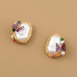 Pure Hand-made Copper Wire-wound Pearl Butterfly Earrings