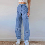 Floral Pattern Stitching Loose Straight-leg Jeans