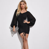 Elastic V-Neck Long-Sleeved Pleated Hip Dress