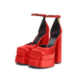 High-heeled Double-layer Satin Square Toe Hollow Sandals