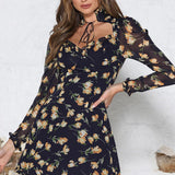 Floral Wood Ear High-Neck Tie Low-Cut Dress