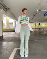 Simple Green Flared Slim Trousers