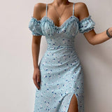 Sexy V-neck Fungus Edge Tube Midi Dress