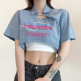 Solid Color Slim Fit Cropped Navel Print Lapel Short Sleeve Two-Piece Set