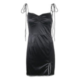 Square collar lace satin split dress