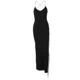 Rhinestone Sling Fringed Slit Dress