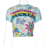 Print Crew Neck Slim Fit Cropped Navel T-shirt