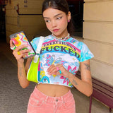 Print Crew Neck Slim Fit Cropped Navel T-shirt