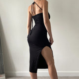 Lace Up Drawstring Ruched Side Slit Midi Dress