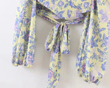 Vintage Floral Lantern Sleeve V-Neck Top