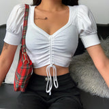 Puff Sleeve Drawstring Short Sleeve Top