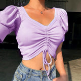 Puff Sleeve Drawstring Short Sleeve Top