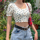 Summer Printed Puff Sleeve Lace Cardigan T-shirt