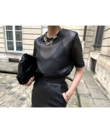 Leather Short Sleeve Top High Waist Buttock Skirt Suit
