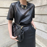 Leather Short Sleeve Top High Waist Buttock Skirt Suit
