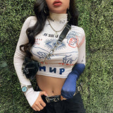 Half Turtleneck Printed Crop Top T-shirt