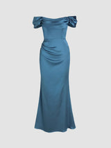 Robe Longue Satinée à Épaules Dénudées et Col Carré Froncée