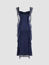 Robe Longue Scintillante à Col Bénitier et Volants