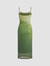 Robe Longue Dégradée en Mesh à Col Carré Froncée
