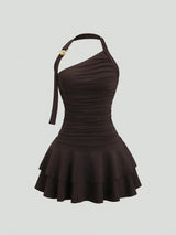 Robe mini évasée marron à encolure licou