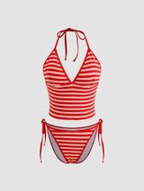 Ensemble tankini rayé femme à col V noué avec bretelles réglables