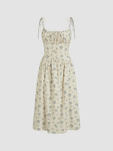 Robe Midi en Coton Fleurie à Col U Froncée et Nouée